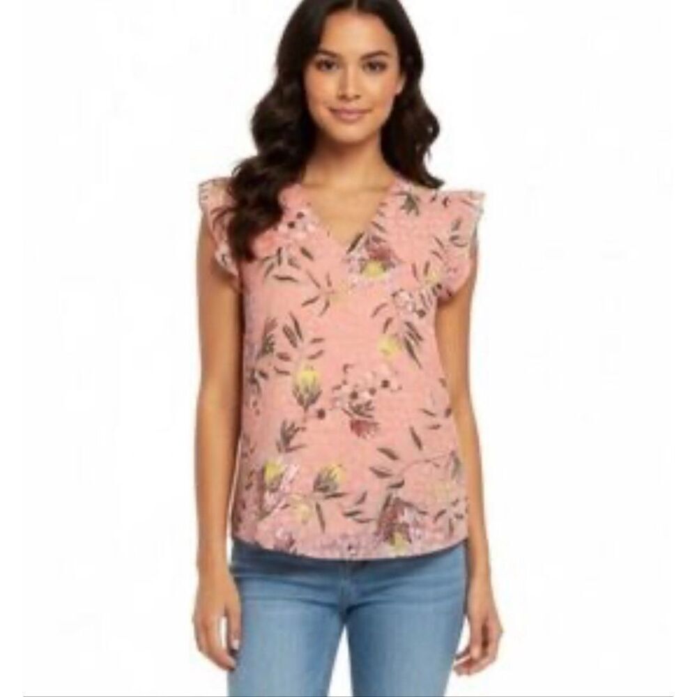 Womens Ann Taylor Loft Petites Peach Floral Print Flutter Sleeve Top - Sz XXS P